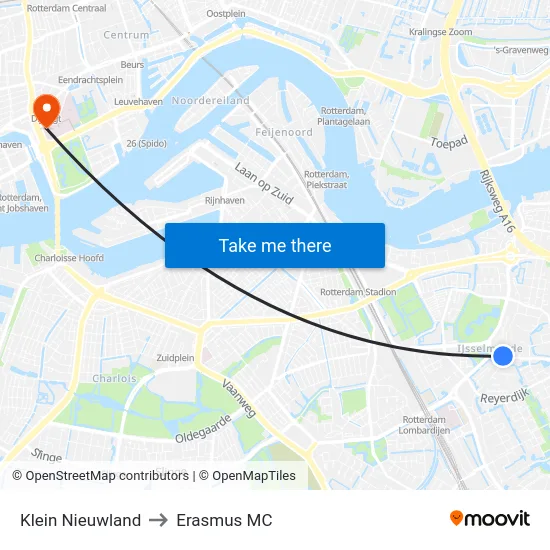 Klein Nieuwland to Erasmus MC map