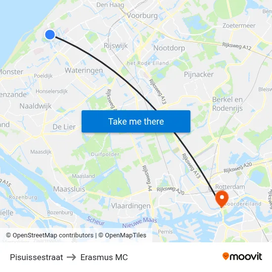 Pisuissestraat to Erasmus MC map