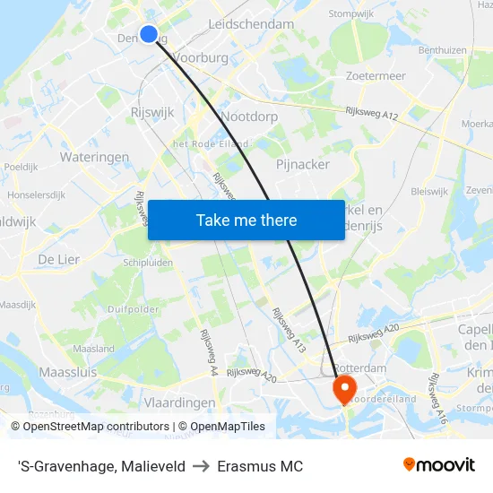 'S-Gravenhage, Malieveld to Erasmus MC map