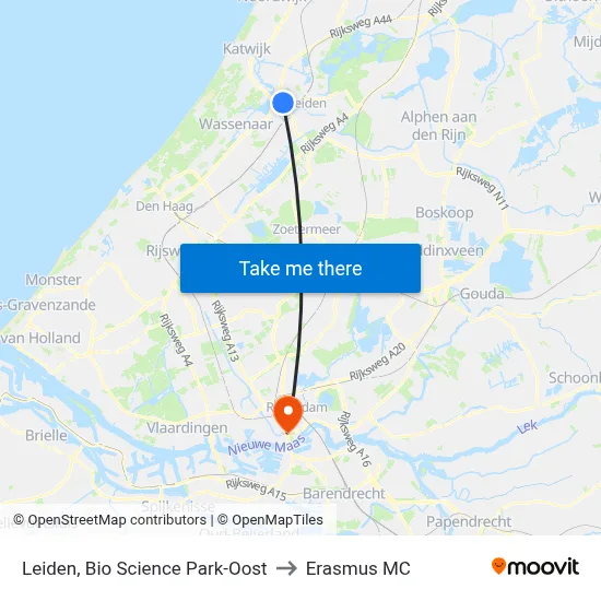Leiden, Bio Science Park-Oost to Erasmus MC map