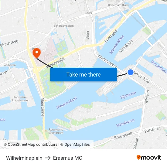 Wilhelminaplein to Erasmus MC map