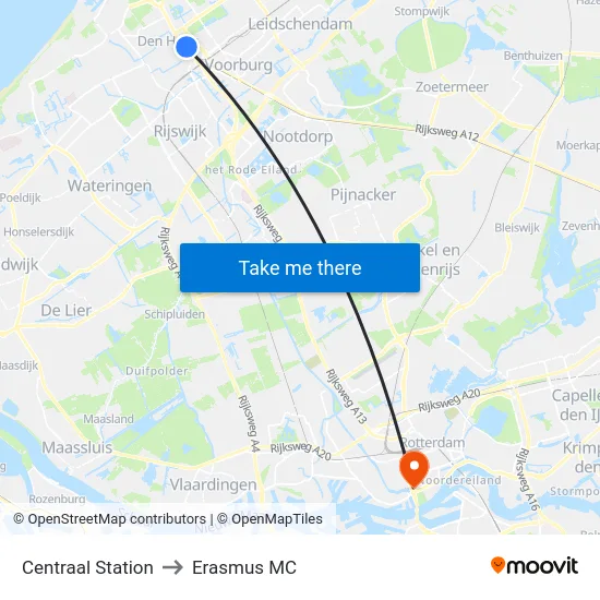 Centraal Station to Erasmus MC map