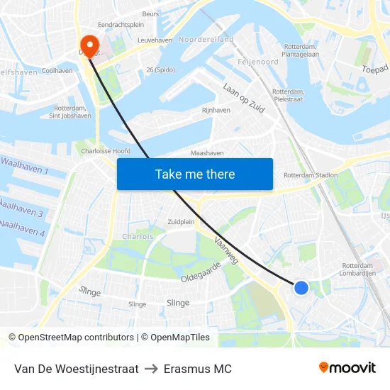 Van De Woestijnestraat to Erasmus MC map