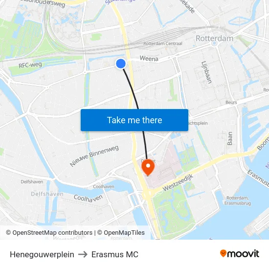 Henegouwerplein to Erasmus MC map