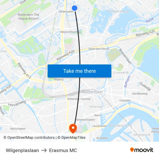 Wilgenplaslaan to Erasmus MC map