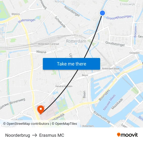 Noorderbrug to Erasmus MC map