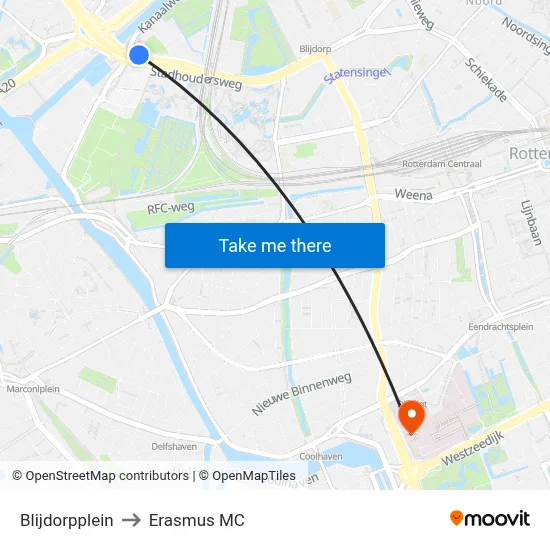 Blijdorpplein to Erasmus MC map