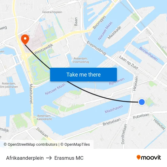 Afrikaanderplein to Erasmus MC map
