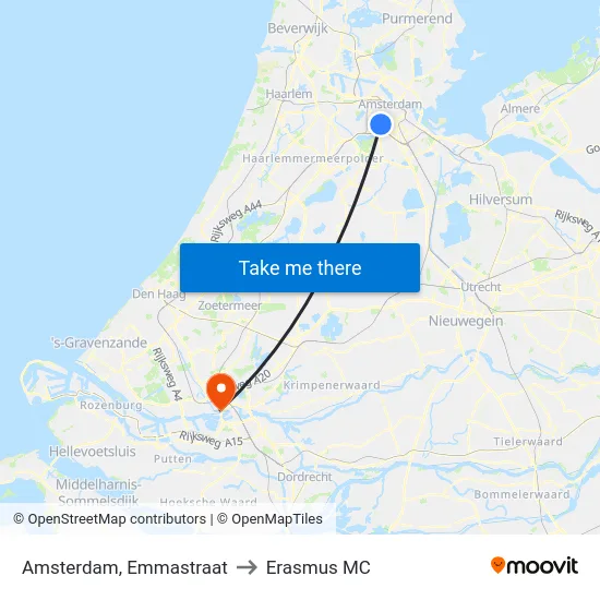Amsterdam, Emmastraat to Erasmus MC map