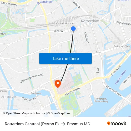 Rotterdam Centraal (Perron E) to Erasmus MC map