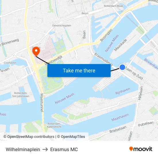 Wilhelminaplein to Erasmus MC map