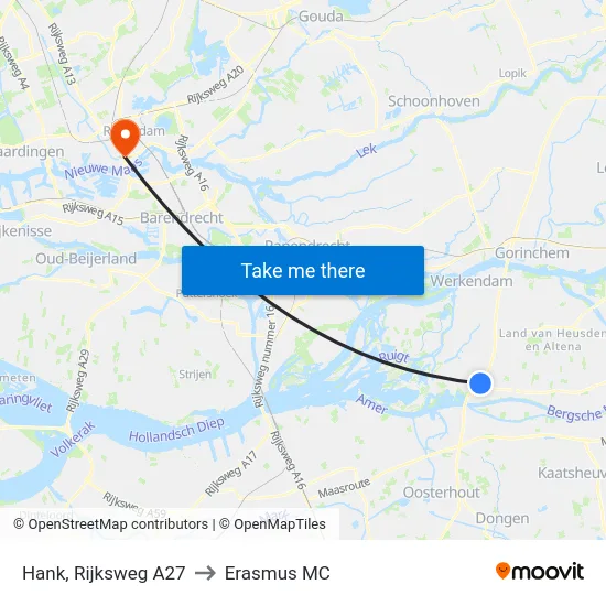 Hank, Rijksweg A27 to Erasmus MC map