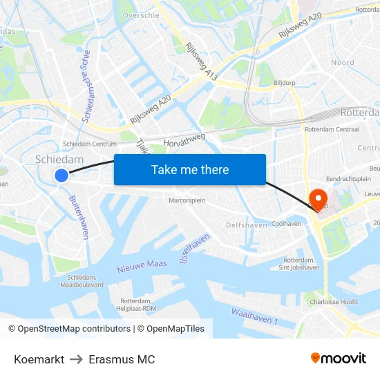 Koemarkt to Erasmus MC map