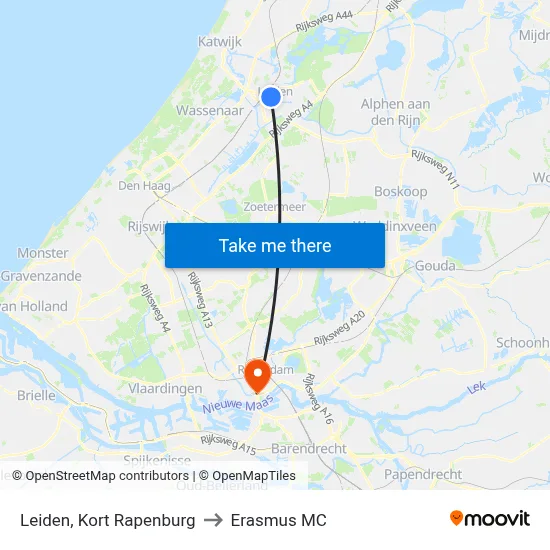 Leiden, Kort Rapenburg to Erasmus MC map