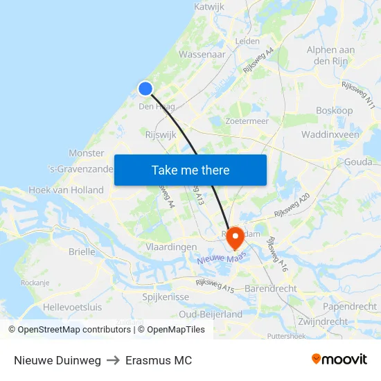 Nieuwe Duinweg to Erasmus MC map
