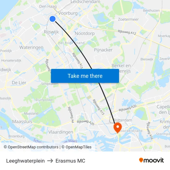 Leeghwaterplein to Erasmus MC map