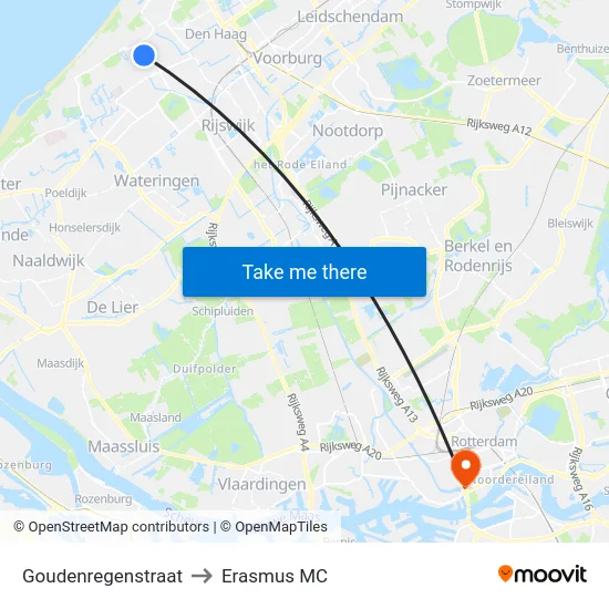 Goudenregenstraat to Erasmus MC map