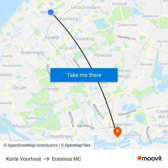 Korte Voorhout to Erasmus MC map