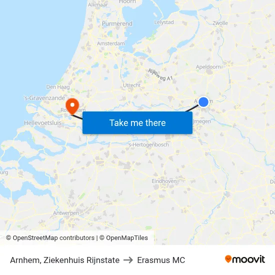 Arnhem, Ziekenhuis Rijnstate to Erasmus MC map