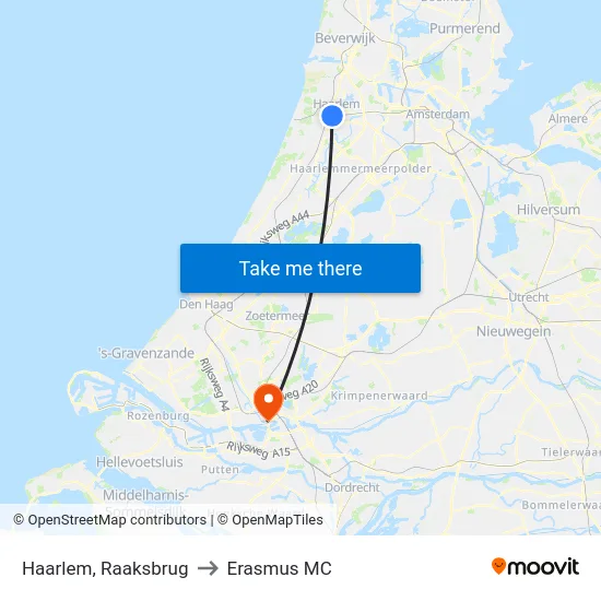 Haarlem, Raaksbrug to Erasmus MC map