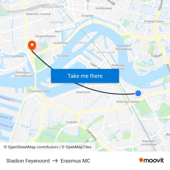 Stadion Feyenoord to Erasmus MC map