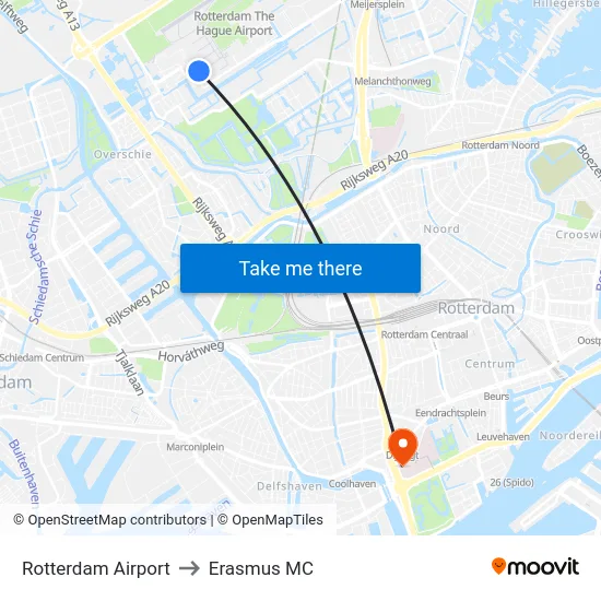 Rotterdam Airport to Erasmus MC map