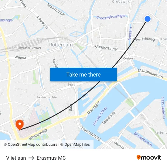 Vlietlaan to Erasmus MC map