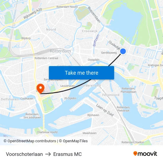 Voorschoterlaan to Erasmus MC map