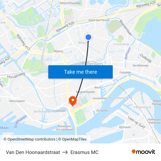 Van Den Hoonaardstraat to Erasmus MC map