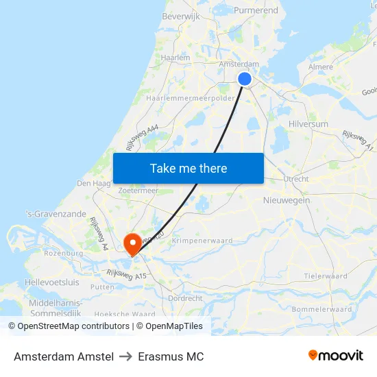 Amsterdam Amstel to Erasmus MC map