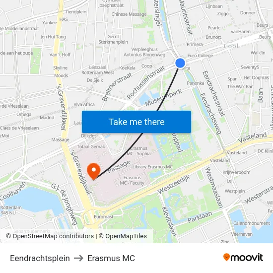 Eendrachtsplein to Erasmus MC map