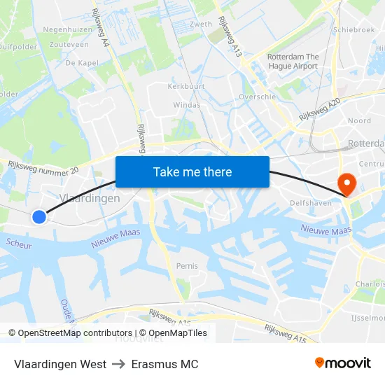 Vlaardingen West to Erasmus MC map