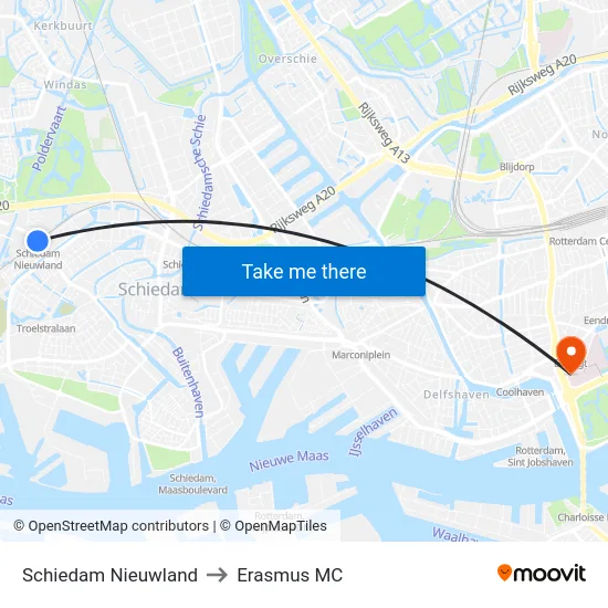 Schiedam Nieuwland to Erasmus MC map
