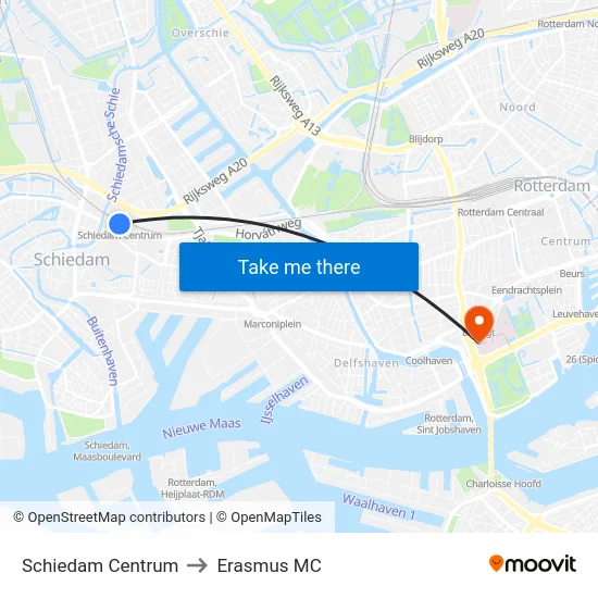 Schiedam Centrum to Erasmus MC map