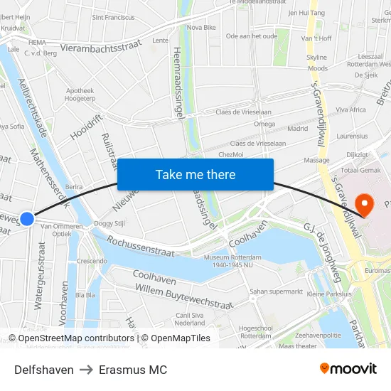 Delfshaven to Erasmus MC map