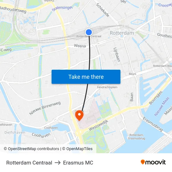 Rotterdam Centraal to Erasmus MC map