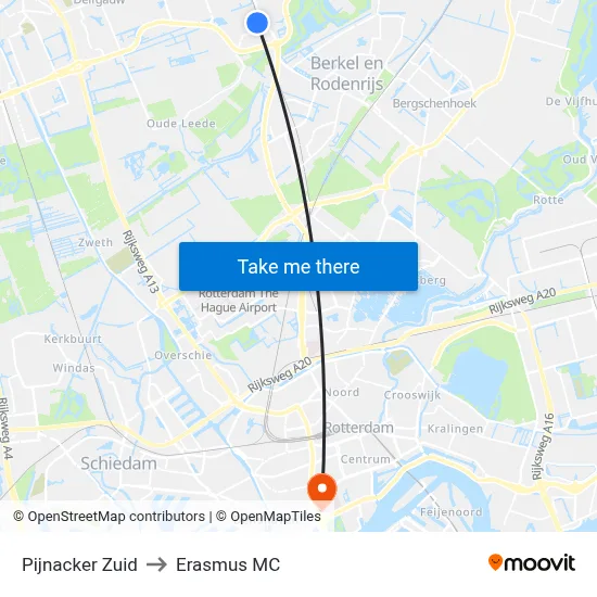 Pijnacker Zuid to Erasmus MC map