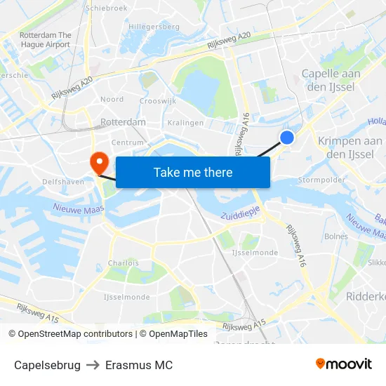 Capelsebrug to Erasmus MC map