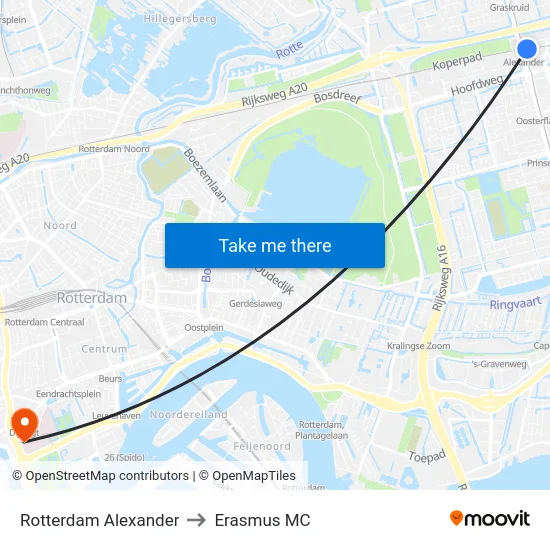 Rotterdam Alexander to Erasmus MC map