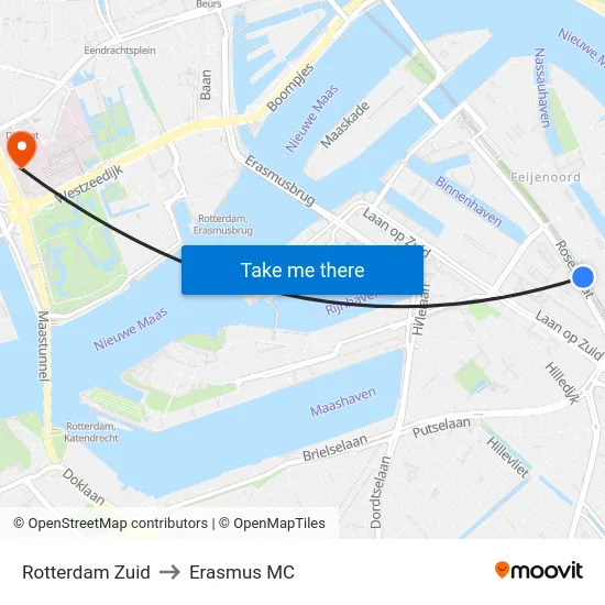 Rotterdam Zuid to Erasmus MC map
