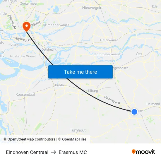 Eindhoven Centraal to Erasmus MC map