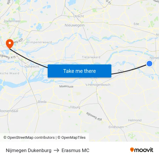 Nijmegen Dukenburg to Erasmus MC map