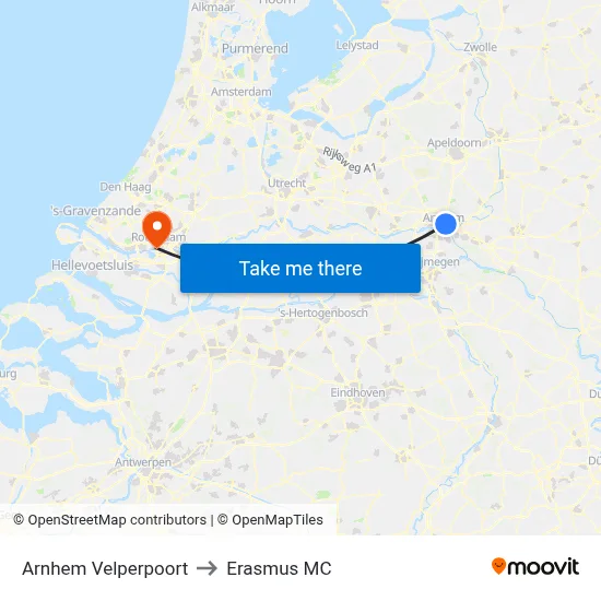 Arnhem Velperpoort to Erasmus MC map