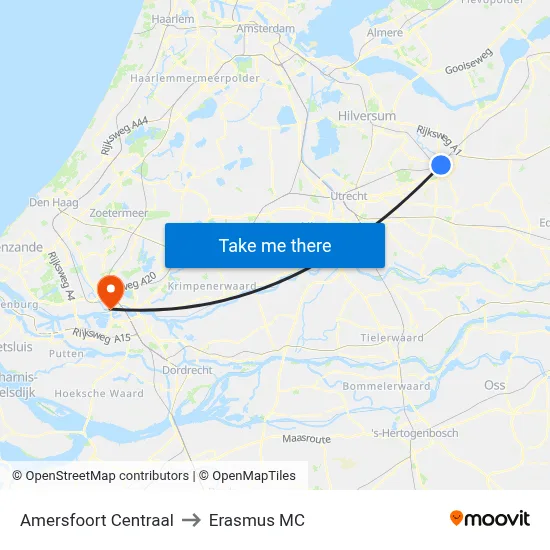 Amersfoort Centraal to Erasmus MC map