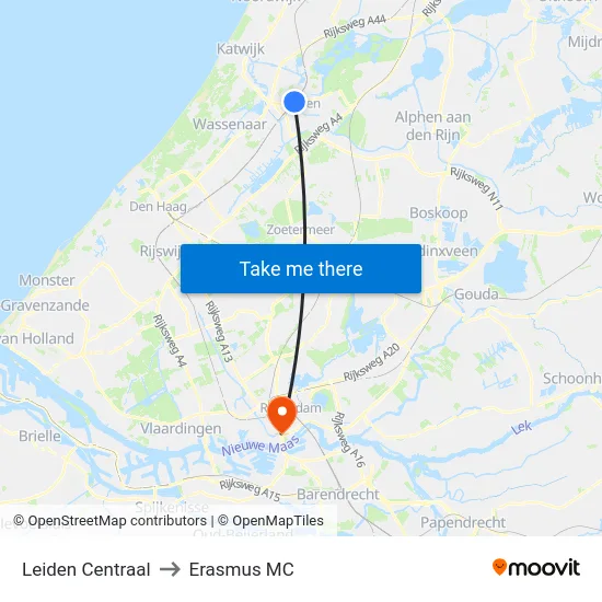 Leiden Centraal to Erasmus MC map