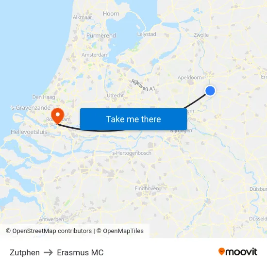 Zutphen to Erasmus MC map