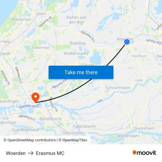Woerden to Erasmus MC map