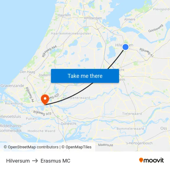 Hilversum to Erasmus MC map