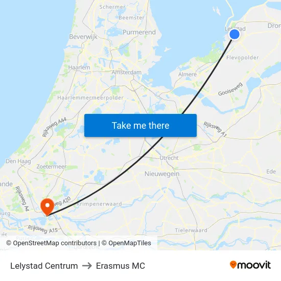 Lelystad Centrum to Erasmus MC map
