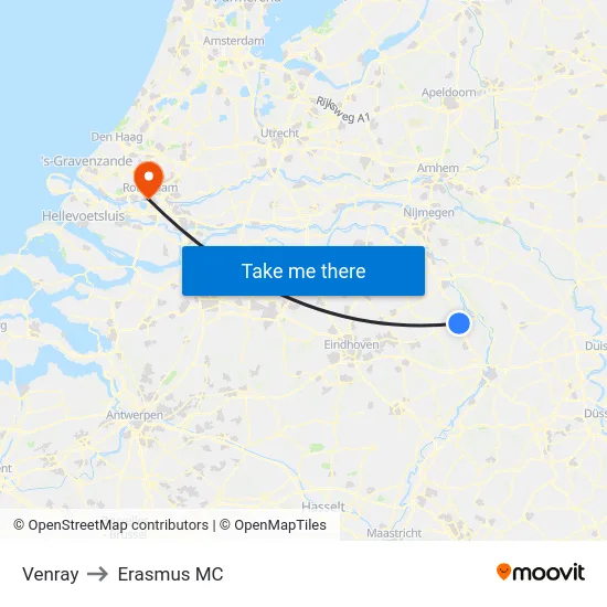Venray to Erasmus MC map